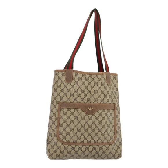 GUCCI GG Supreme Web Sherry Line Tote Bag PVC Leather Beige Auth 89625 - Picture 1 of 16